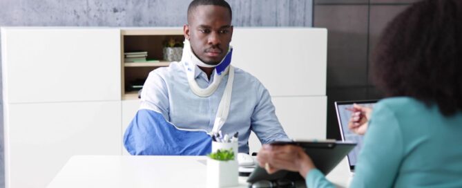 a man in a arm cast sitting at a desk across from a lawyer.